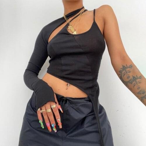 CHRONSTYLE Off Shoulder Single Long Sleeve T-shirts Halter Black Color Top Women Cropped Summer Club Streetwear Female T-shirts