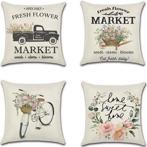 Cotton Linen Cushion Cover Spring Sunflower Bicycle Car Farm theme Pillow Case Home Chair New Year Decoration Pillowcase cojin