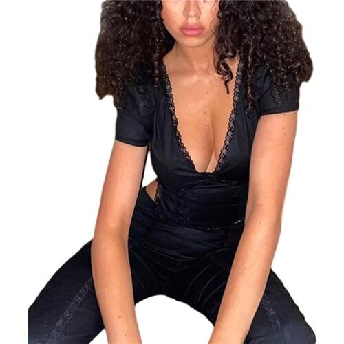 Fashion Women’s Summer Short-sleeved Top Solid Color Flounce Deep V-neck Bandage Exposed Navel T-shirt Woman Clothes