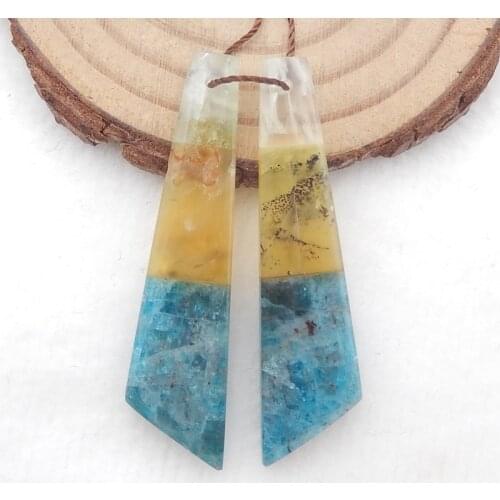 Natural Gemstone Prehnite,Yellow Opal With Blue Apatite Crystal Intarsia Earrings Bead 45x11x4mm.7.3g