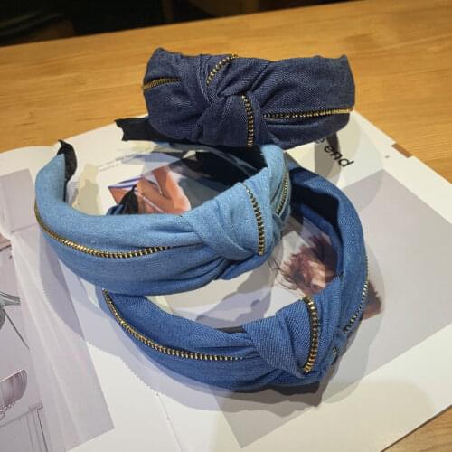 Blue Denim Headband Knot for Women Headwear Adults Wide Hairband Solid Women Head Band Girls Headband with Zipper Decorated