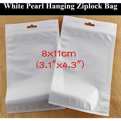 100pcs 8x11cm (3.1"x4.3") White Translucent Pearl Film Zip Bag Clear Front Pearl Film Plastic Hanging Iphone Shells Chargers Bag