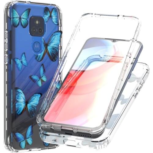 2 in 1 Clear Flower Case for Motorola Moto G Play 2021 GPlay Transparent Hard PC + Soft TPU 360 Full Protective Back Phone Cover