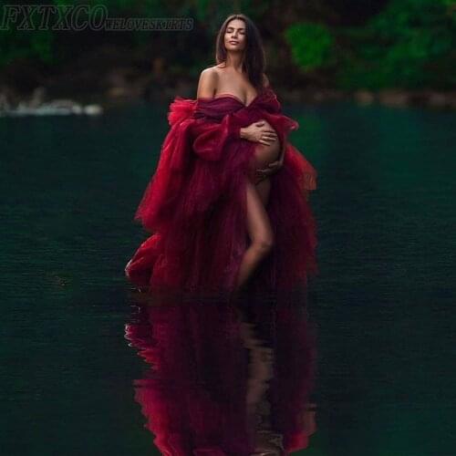 Sexy Burgundy Tulle Materinity Robe Dresses Sheer Long Sleev Ruffles Photography Pregnant Woman Dress Plus Size Gowns vestido
