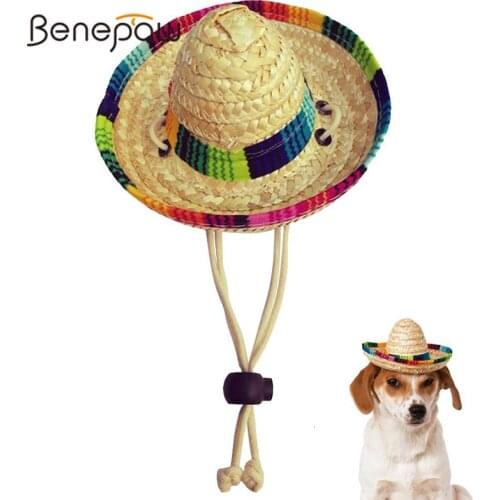 Benepaw Straw Hat For Dogs Mexican Sombrero Colorful Brim Sunhat Puppy Cap For Pet Party Holiday Cosplay Birthday Accessories
