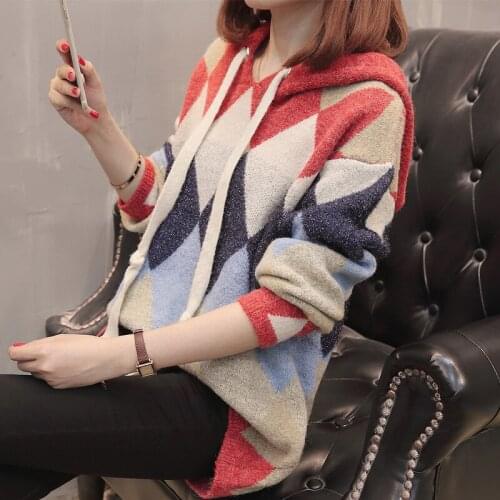 Colorblock Casual Sweater Womens 2021 Autumn and Winter New Temperament Hedging Long-sleeved Hooded Loose Knit Top