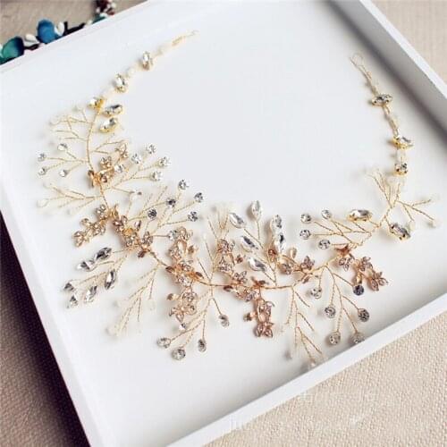 Handmade European Brides Gold Leaves Tiaras Headband Adjust Pearls Wedding Hair Accessory