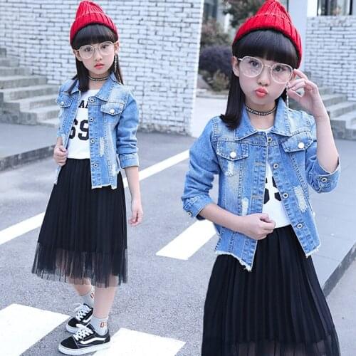 2018 spring and autumn wear baby girl clothes set medium childrens cowboy denim jacket+pleated skirt body suit for girls wave