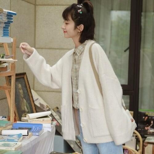 Preppy Style Knit Cardigans Sweater Woman 2020 V Neck Loose Elegant Thicked Pull Sweat Oversize Femme Apricot Casual Coat AA5561