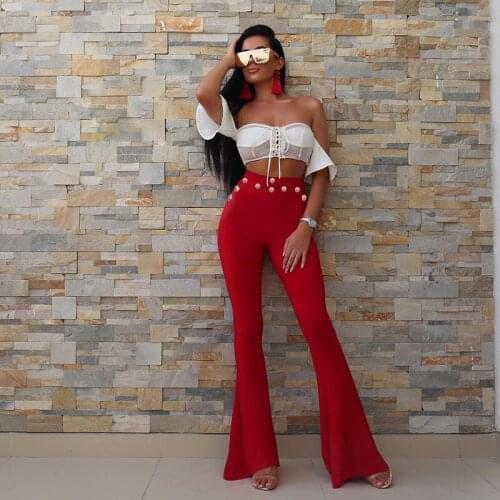 High Quality Women Pants Red White Black Solid Gold Button Flare Rayon Bandage Pants Hot Sale