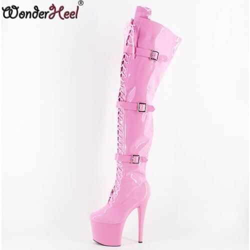 Wonderheel Extreme high heel 20cm heel with platform pink patent buckles lace up over the knee sexy fetish thigh high boots