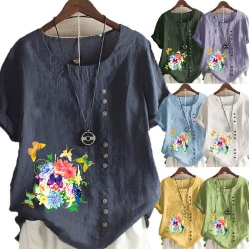 Women New Fashion Summer Flower Butterfly Printed Round Neck Short Sleeve T-shirt Casual Loose Solid Color Blouse Tops Plus Size