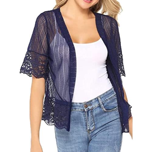 Womens Open Front Shrug Short Sleeve Solid Color Lace Patchwork Sheer Bolero Cover Up