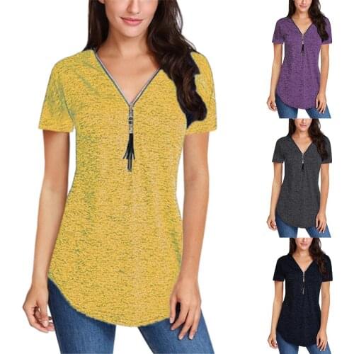 Tassel Zipper V Neck Short Sleeve T-Shirt Casual Women Solid Color Tunic Top