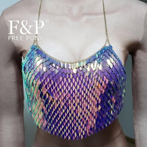 Burning Man Festival Holographic Mermaid Top Body chain Rave Chest Chain top Carnival Costume Gogo Pole Dance Wear Clothing
