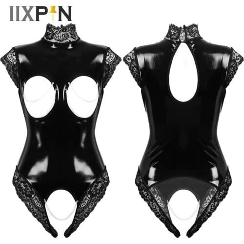 Womens Erotic Bodycon Bodysuit Sexy Cupless Crotchless Teddy Lingerie Wetlook Clubwear Pvc Leather Latex Catsuit Teddies Costume