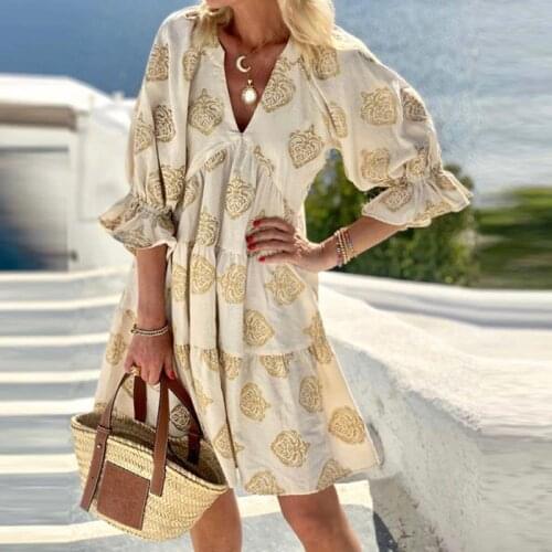 Boho Retro Pattern Print Women Party Dress Spring Elegant V Neck A-Line Mini Dress Autumn Three Quarter Sleeve Loose Lady Dress