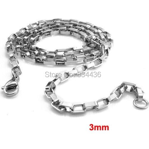 Free shipping 3mm Width Stainless Steel Long Box Link Chain Necklaces men womens jewelry accessory wholesale 20pcs