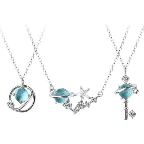 925 Sterling Silver Pin Fantasy Planet Aurora Simple Blue Glass Design Girl Clavicle Chain