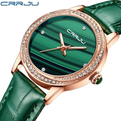 CRRJU 2021 Luxury Branded Rhinestone Quartz Wristwatches Womens Charming Wrist with Thin Watch Leahter Clock Female