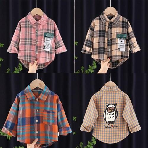 2021 Kids Cotton Shirt Spring Autumn Long Sleeves Thin Blouses Clothing 1 2 3 4 Years Cute Cartoon Plaid Toddler Boy Shirts