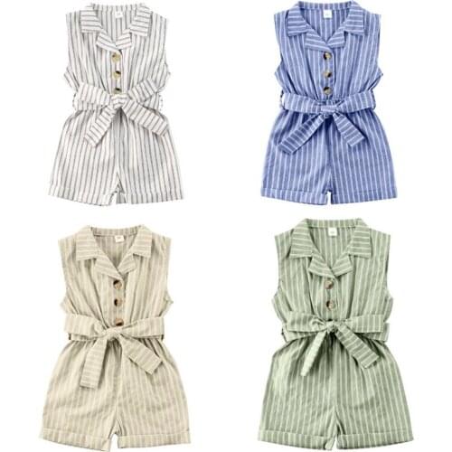 1-6Y Summer Toddler Baby Girls Rompers Overalls Striped Sleeveless Turn Down Button Jumpsuits Kids Girls Button Party Jumpsuits