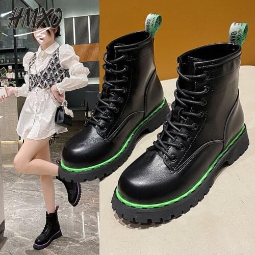 HMXO Handsome Martin Womens Color-side Boots Short-tube Thick-soled British Mid-heel Thick-heel Patent Leather Womens Boots