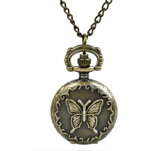Retro Alloy Butterfly Quartz Pocket Watch With Chain Vintage Carved Round Necklace Girls