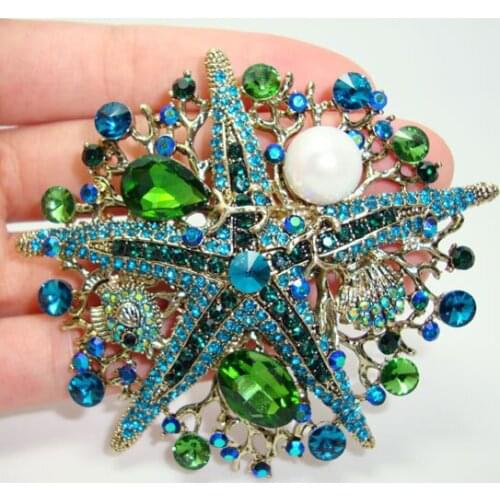 Fashionable Jewelry Retro Style Green Rhinestone Crystal Pearl Starfish Brooch Pin Free shipping