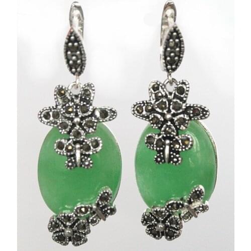 NATURAL GREEN Natural Stone 925 STERLING natural gem/stone/coral/opal Marcasite Earringsgirl Wedding Party, Luxury Dubai