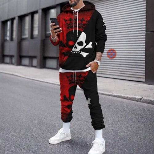 2021 autumn new trend mens skull 3D printing casual long-sleeved outdoor sweater suit mens fashion hooded trousers suit