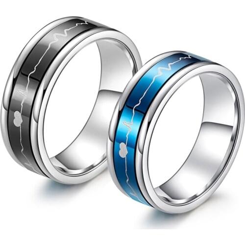 Stainless Steel Heart Beat Love Rings for Men Women Black Blue Rotable Spinner Ring ECG Wave Wedding Couple Ring