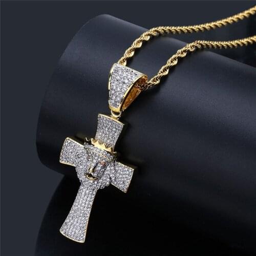OMYFUN Hip Hop Bling Cross Lion Pendant Necklace with 3mm Stainless Steel Chain Cool Men Charm Accessory Full CZ Paved Bijoux