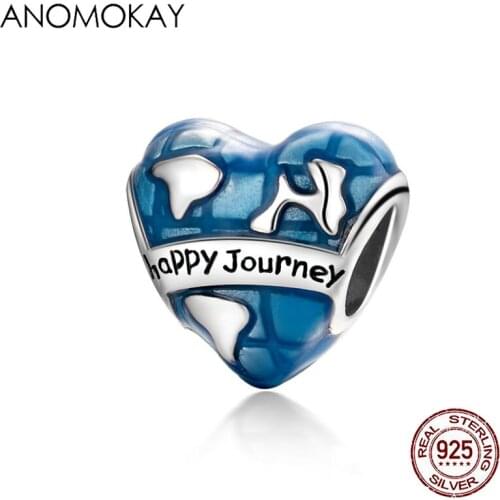 Anomokay Real 925 Sterling Silver Blue Enamel Heart-shape Charm for Memory Bracelet S925 Silver Earth Journey Travel Love Bead
