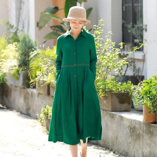 S9100 Deep Fog Blue Boat Flax Waist Waist Embroidered Literature Fan Zhongchang Fund Peacock Blue Dress