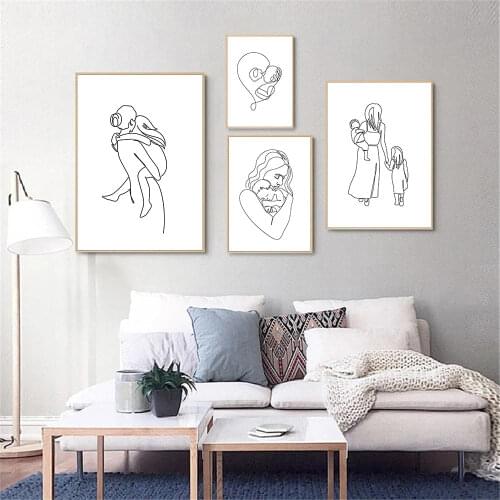 Family Portrait Abstract Poster Son Daughter Line Drawing Canvas Prints Mom Baby Wall Art Painting Pictures Kids Room Decoration