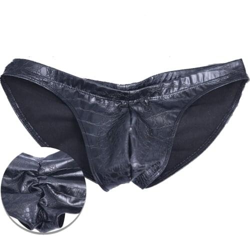 Ruched Crotch Convex Pouch Alligator Print Sexy Faux PU Leather Mens Bikini Briefs Men Underwear Lingerie Calzoncillos Panties
