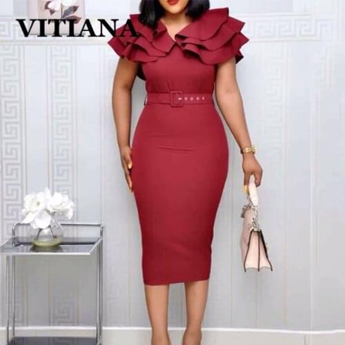 VITIANA Women Elegant Formal Pencil Dress Summer 2020 Female Ruffled Sleeve Slim Office OL Midi Dresses Femme Casual Vestidos