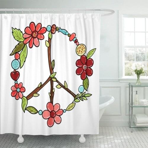 Colorful 1970S Peace Sign Flowers in Boho 60S 70S Shower Curtain Waterproof Polyester Fabric 72 x 72 Inches with Hooks