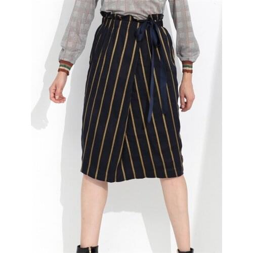 2021 Early Spring New Womens Fashion Retro Wool Gold Striped Midi Skirt Female Elegant Dark Blue Lace up A-Line Skirt Y1461