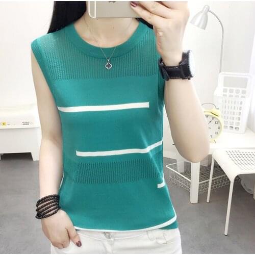 LJSXLS 2021 Summer Hollow out Thin Knitted Tank Women All-Match Slim Show Thin Sleeveless Tank Tops Female Blue Women Top Femme
