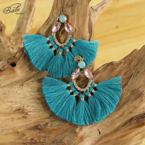 Badu Long Tassel Earrings Women Big Fan Shape White Fringe Jewelry Vintage Statement 2017 New Arrival Handmade 5 Colors