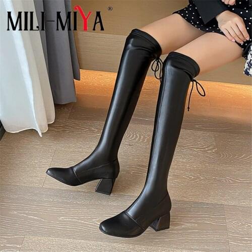 MILI-MIYA Big Size 34-43 Female Stretch PU Leather Over The Knee Women Boots Thick Heels Square Toe Slip On Autumn Winter Shoes