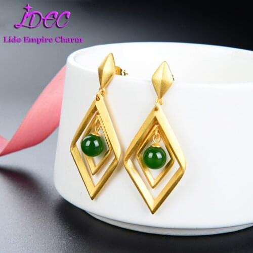 Hot Sale S925 Sterling Silver Jasper Womens Earrings Rhombic Alluvial Gold Earing Placer Gold Ear Studs Fashion Jewelry Gift