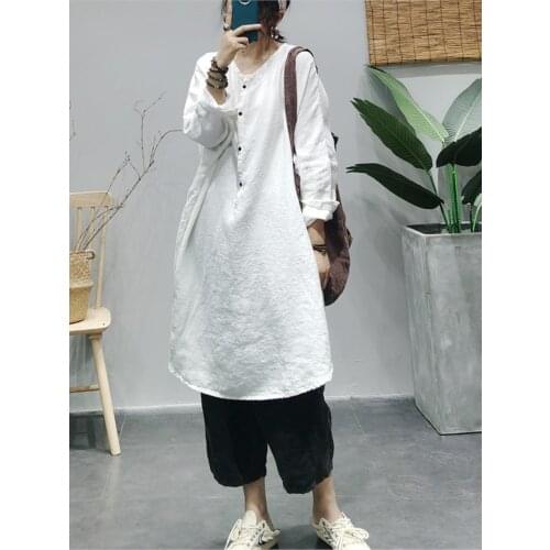 Women Dress Autumn New Loose Casual Concise Dress 2021 New Ladies O-Neck Button Retro Dress