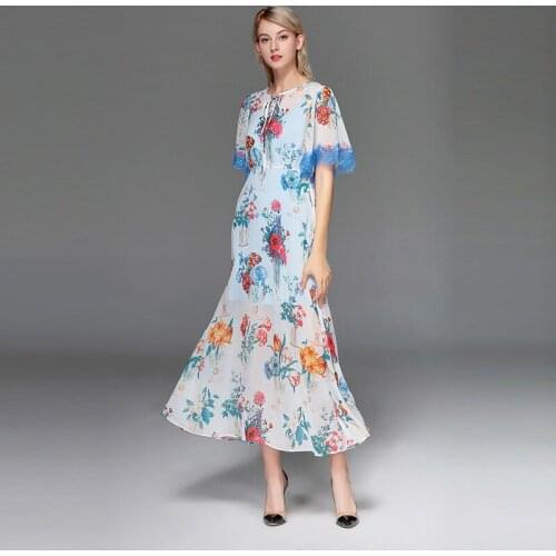 New 2021 spring summer runways floral print Chiffon Chic women elegant flare sleeves dress D789