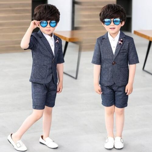2021 Summer Formal Suit for Boys Plaid Gray Children Wedding Suits Dresses Kids School Costume Young Child Party Clothes Outfits