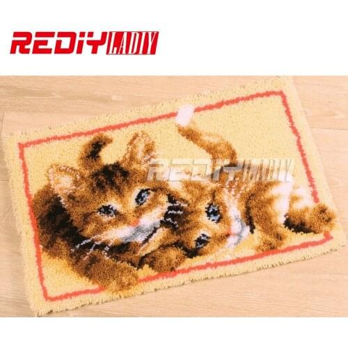 3D Latch Hook Rug Kits DIY Needlework Unfinished Crocheting Rug Yarn Cushion Mat Playful Cats Handicraft Embroidery Carpet Rug