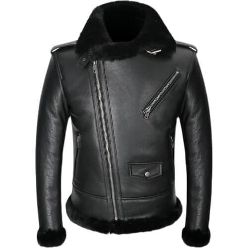 BONJEAN Mens Winter Thicker Warm Leather Jackets Genuine Leather Sheepskin Wool Liner Coat Men Short Sheep Fur Motorcycle Coats