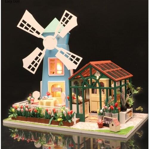 DIY Wooden Dollhouse Miniature Furniture With LED Light Kit Windmill Flower House Doll Houses Assemble Toy Birthday Gift Casa
